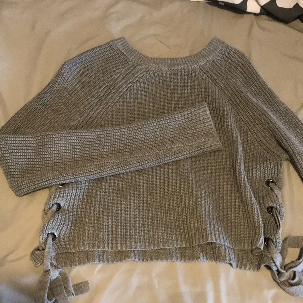 grey cropped lace up side sweater